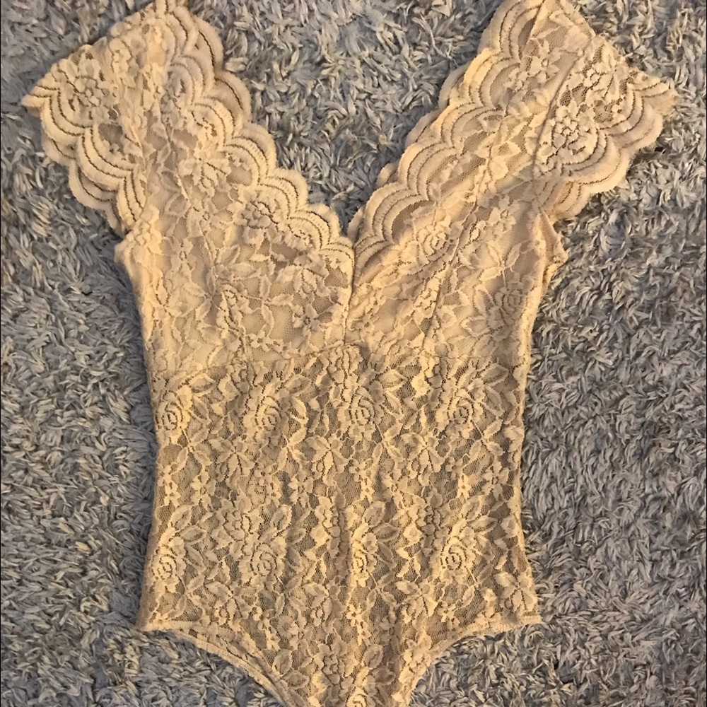 Just Polly Tan Lace Bodysuit, Size M